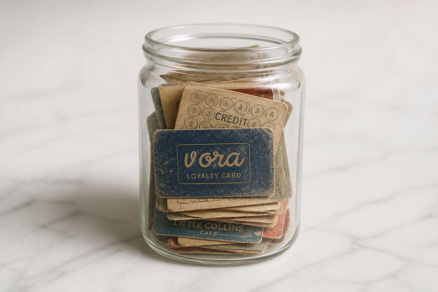 A jar of dusty, old loyalty cards representing the outdated era of transactional points-based loyalty programs.