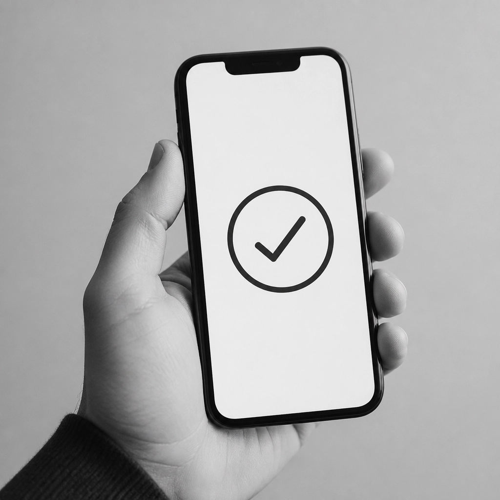 A person's hand holding a smartphone showing a verified checkmark icon, signifying trust and transparency.